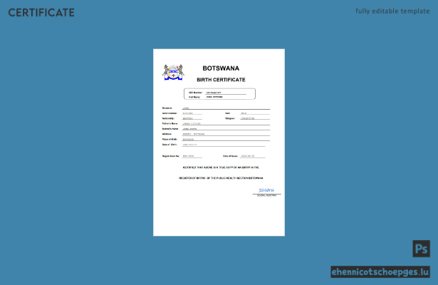 Botswana Geburtsurkunde – Beispielansicht in Word und PDF